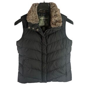Eddie Bauer Black Quilted Goose Down Puffer Vest Faux Fur Women's S Outdoors